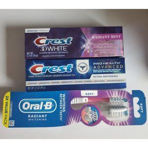 Crest 3D White and Pro Health Toothpaste bundle of 2 with Oral B Toothbrush NEW